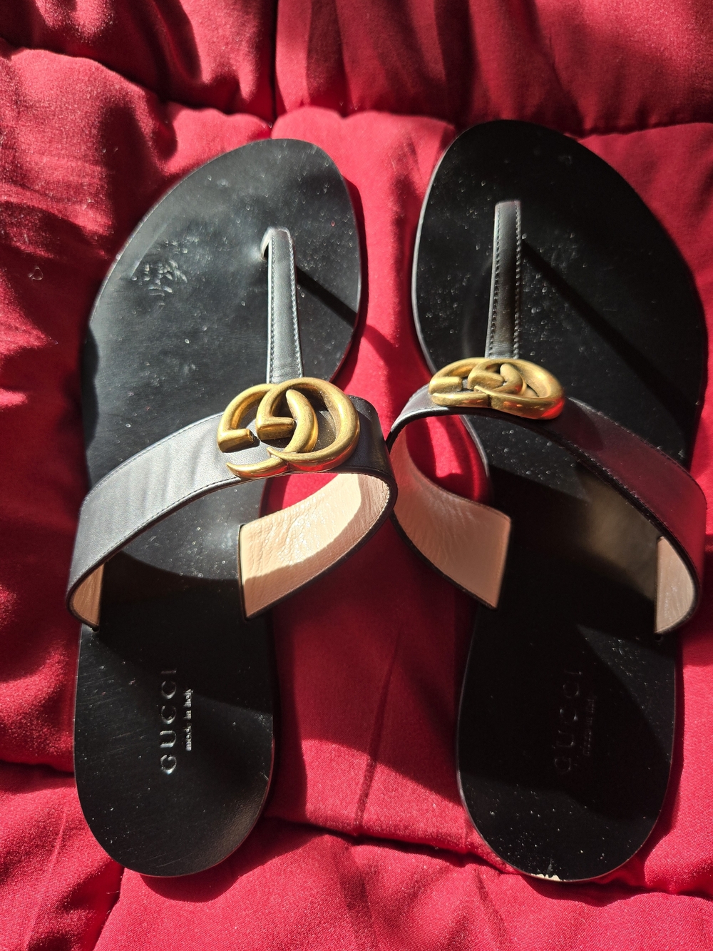 Gucci Black Leather Sandals with Gold GG Hardware